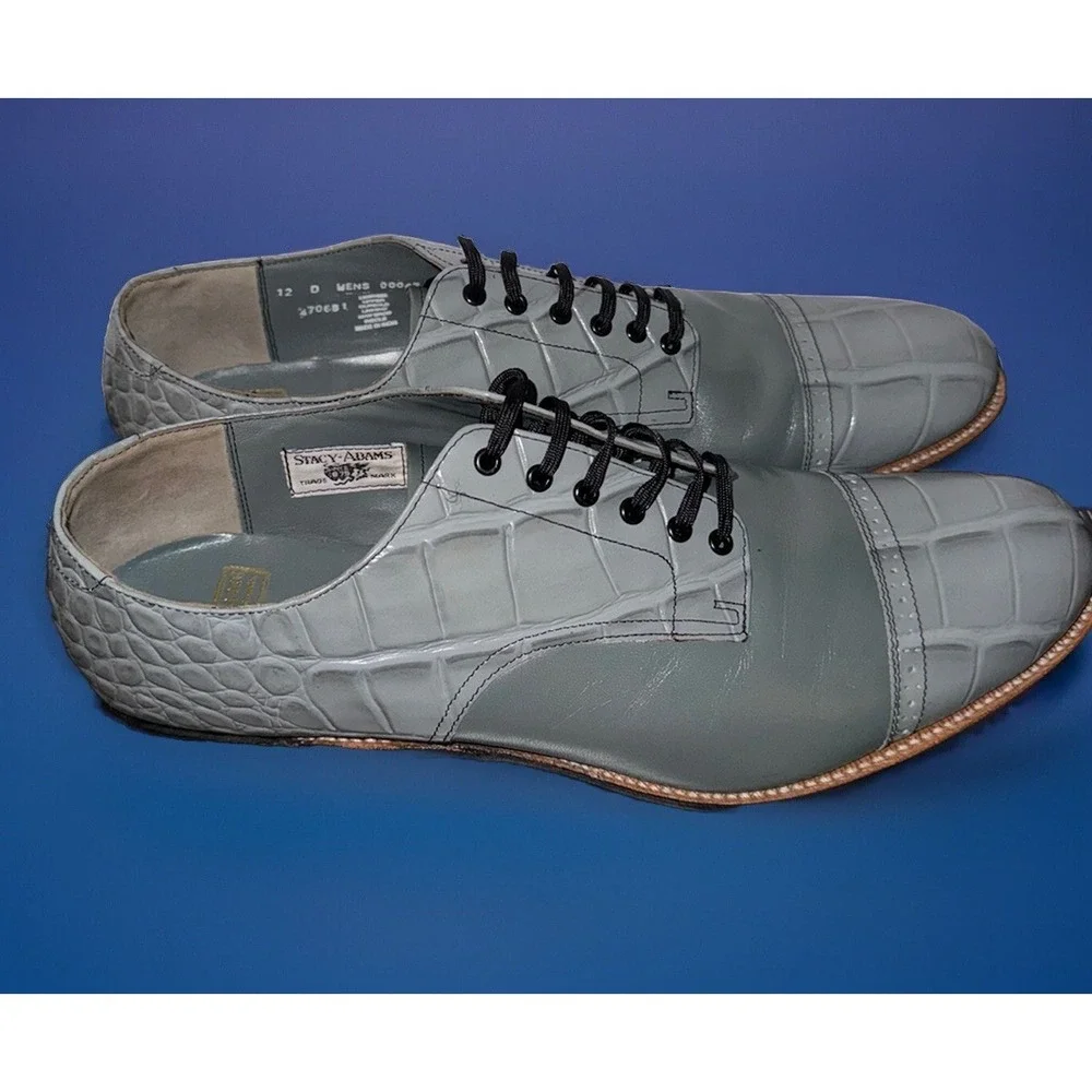 Stacy Adams Oxford Gray Leather‎ Croc Print Cap Toe Lace Up Mens Shoes 12D